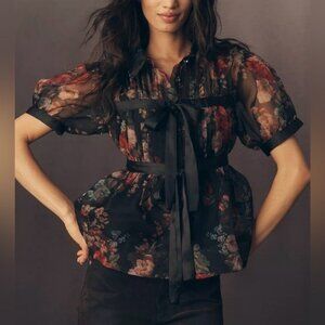 Anthropologie Black Floral Puff Sleeve Blouse